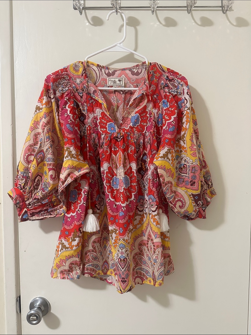 Millie Red boho pattern top with puffed shoulders and Pom Pom Ties